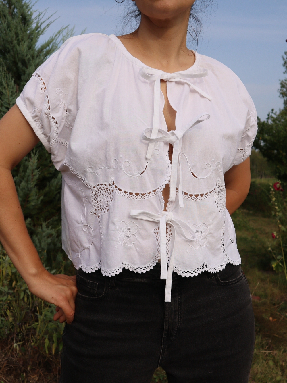 Upcycled Handmade Tablecloth White Embroidered Tie-Front Top